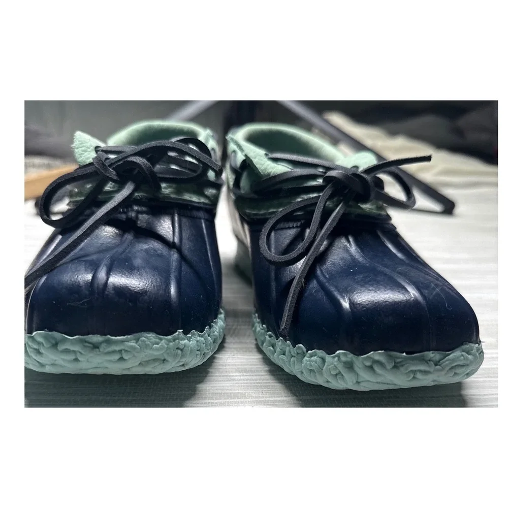 Vintage LL Bean Rubber Moc Duck Shoes Womens 7 Navy Blue Mint Green Made In USA